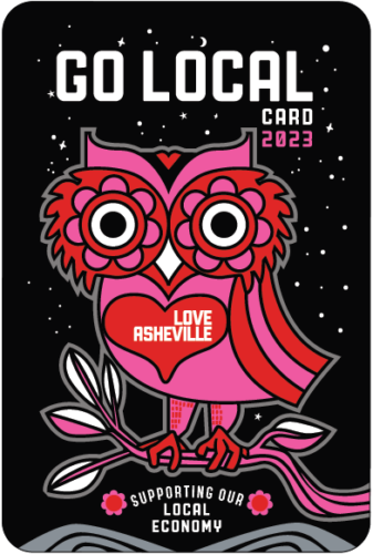 Go Local card 2023 Owl image in pink, red, and black.