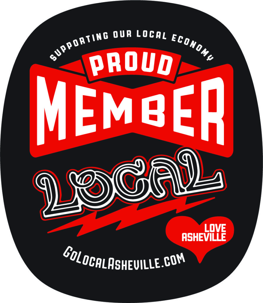 Badge proclaiming "Proud Member" of Asheville Grown Go Local 